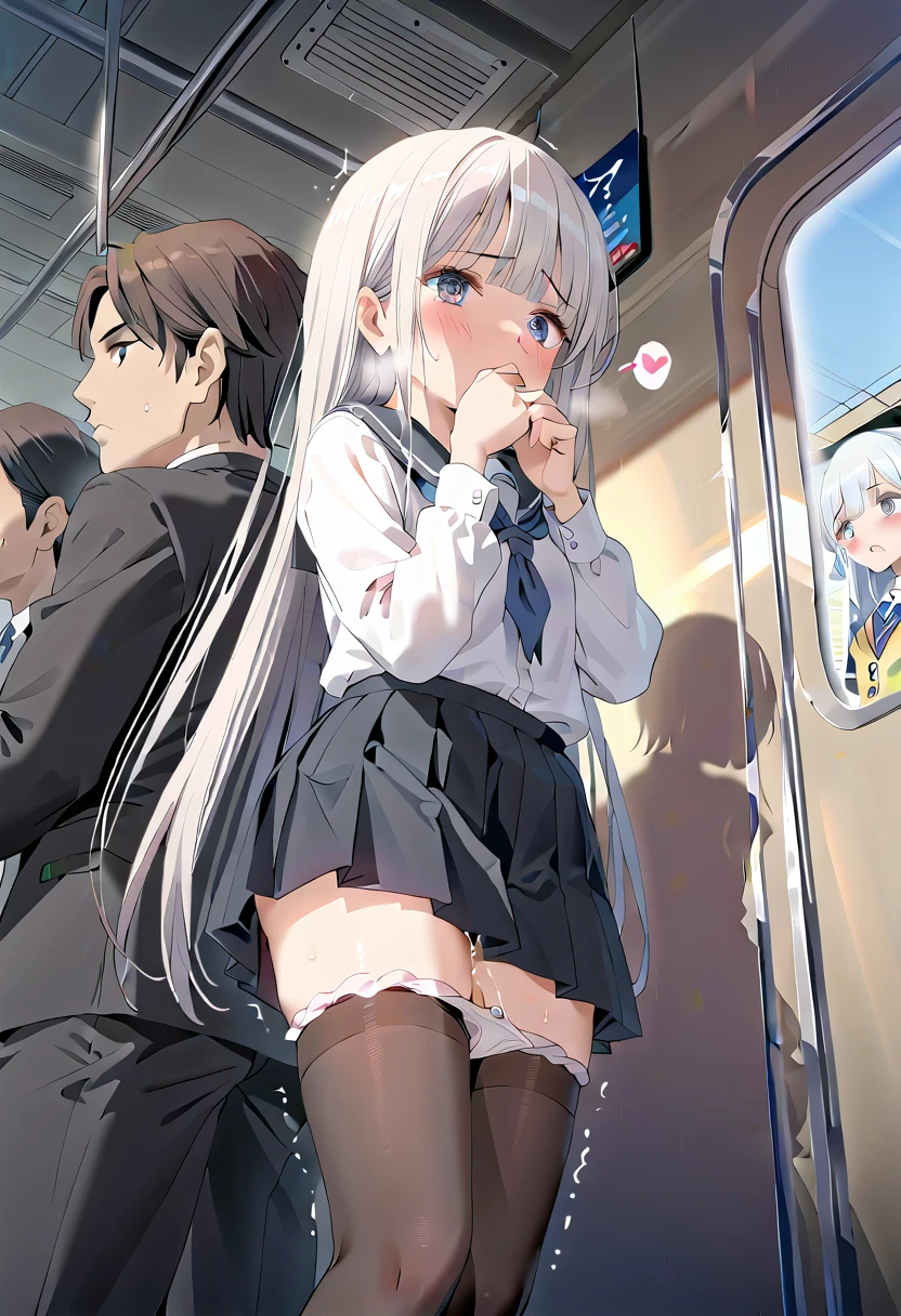 (masterpiece,beautiful,hughres,CG,8k,16k,best quality,high-resolution,detailed eyes:1.5),anime,source anime,illustration,from below,from front,(cowboy shot:1.4),1girl,(train interior, crowded trains near the door, crowds, there are a lot of people on the train :1.5),( there is a man right behind the girl,A man touches a girl's thigh ,Crazy behavior,A man hugs a girl ,doggystyle:1.4),(white hair:1.5),blue eyes,(very long hair,straight hair,bangs:1.4),(school uniform,white shirt,pleated skirt,black skirt,black thighhighs,school shoes:1.3),(white panties:1.4),small breasts,standing,(skirt tug,panty pull:1.2),hand over own mouth, covering own mouth,(female orgasm,pussy juice:1.1),(trembling:1.4),(gasping,heavy breathing,blush:1.5),(impatience1.1),flustered,(fidgeting around:1.4),(steam:1.2),(sweat skin,sweat:1.1),(streaming tears:1.3),(drooling:1.1),(looking away:0.5),(looking down:1.4),(spoken heart:1.3),(narrow one's eyes:1.6),closed mouth