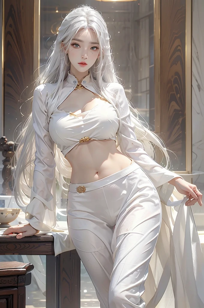 photorealistic, high resolution, 1women, solo, up, look at viewer, (detailed face), white hair, long hair, golden anatomyTaoist