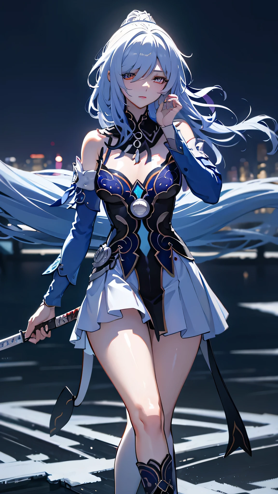 jingliu from hsr; up to down perspective; long and beautiful thighs and legs;mistress pose; staring on sky; mini-skirt; full stockings; aesthetic; bohemian; realistic; skinny fit; emo; ; night winter city background; Dark fantasy ; focus on hips; goddess; beautiful solo girl; epic scene;  katana; blindfold