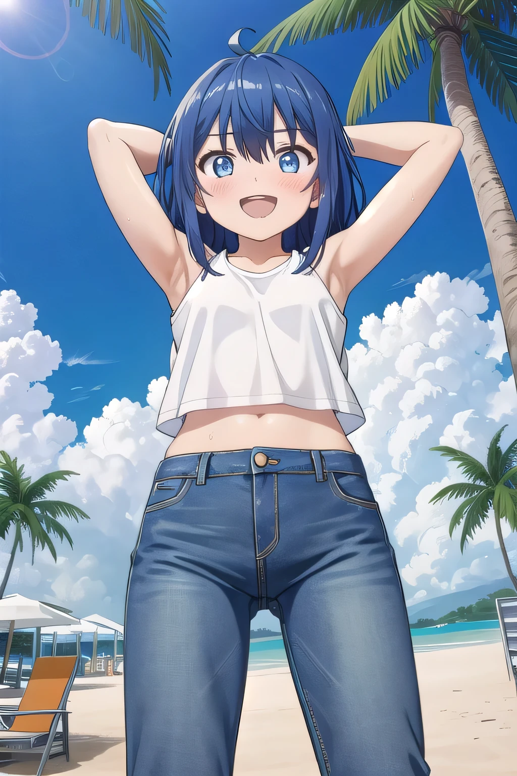 masterpiece,best quality,ultra detail, ((Perfect Face, Perfect Arms, Perfect hands, Perfect Fingers)), 1girl, , peti ((round face, ecstasy, orgasm face, drooping eyes, shame smiling, blush)), dropping eyes, sleepy, background((under the beach, (day:1.2), palm tree, bright sky)), Yanami anna, ahoge,medium hair,blue hair,sidelocks,blunt bangs,blue eyes, hair between eyes,parted bangs, blue eyes, arms behind head, contrapposto, spread armpits, looking at viewer,, (white tank top:1.2), (white crop top:1.2), (jeans pants:1.2, flares jeans:1.2, skinny jeans:1.2, blue jeans:1.2), standing, (legs spread:1.2), sex pose, Sweaty crotch, Steam from the crotch, from below, full medium body