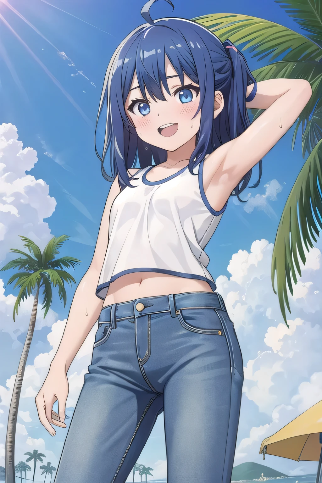 masterpiece,best quality,ultra detail, ((Perfect Face, Perfect Arms, Perfect hands, Perfect Fingers)), 1girl, 14yo, petite, ((round face, ecstasy, orgasm face, drooping eyes, shame smiling, blush)), dropping eyes, sleepy, background((under the beach, (day:1.2), palm tree, bright sky)), Yanami anna, ahoge,medium hair,blue hair,sidelocks,blunt bangs,blue eyes, hair between eyes,parted bangs, blue eyes, arms behind head, contrapposto, spread armpits, looking at viewer,, (white tank top:1.2), (white crop top:1.2), (jeans pants:1.2, flares jeans:1.2, skinny jeans:1.2, blue jeans:1.2), standing, (legs spread:1.2), sex pose, Sweaty crotch, Steam from the crotch, from below, full medium body