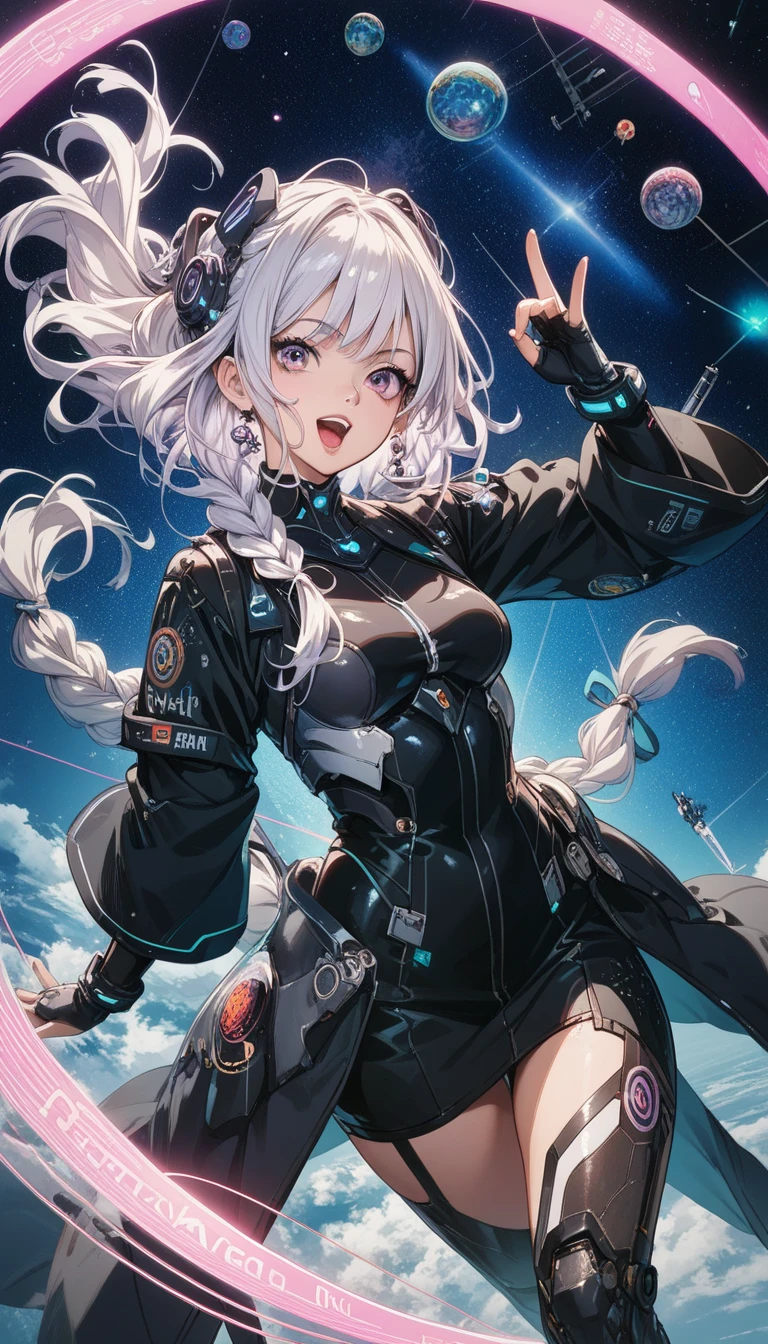 Ridiculous resolution, A high resolution, (Masterpiece:1.4), ultra - detailed, 1girll, looking from above, the space, afloat，cleavage，(Spacesuit 1.2)，particle fx，black hole，galactic