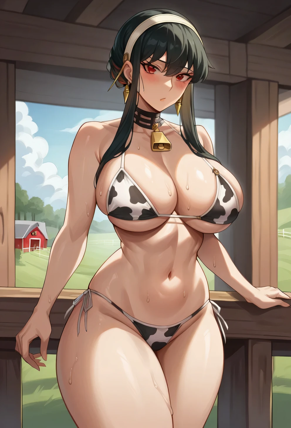 score_9, score_8_up, score_7_up, source_anime, yor briar, black hair, red eyes, earrings, white hairband, hairband, long hair, sidelocks, large breasts, looking at viewer, sweat, sweaty, sweaty:1.3, thick thighs, cow pattern bikini, cow pattern bikini, farm, farm,