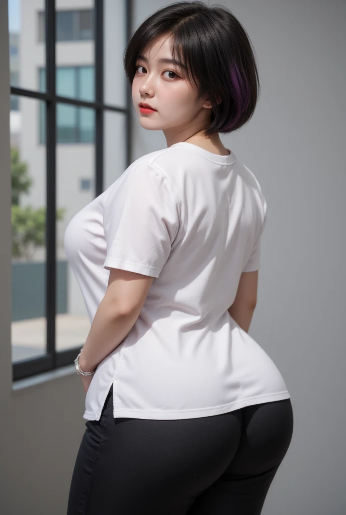 Chinese woman, massive ass, wide hips, wearing black camo leggings, wearing a baggy white T-shirt, short hair, bangs, realistic, looking over shoulder towards the camera, ass focus, black hair with purple tips,