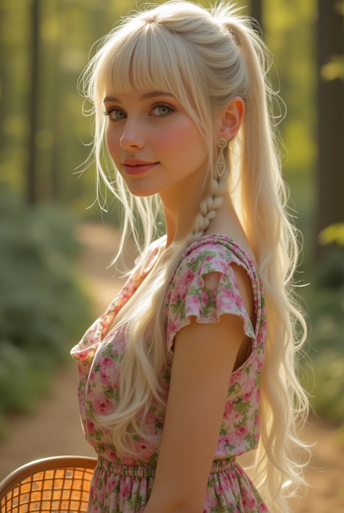 (top quality, 4K, masterpiece :1.3) a eighteen beautiful european woman, polar blond haired, pale skin, very pale green eyes, slanted eyes, very long hairs, high ponytail braids, light pink lips, holding a shopping basket, beautiful detailed eyes, cute earring, cute long colorful dress, cute shoes, happy look, romantic forest landscape, delicate face, shy pose, cute and warm lighting, warm angle, detailed background, beautiful detailed eyes, whole body, stand up, flowers hairstyle, wavy hair, small