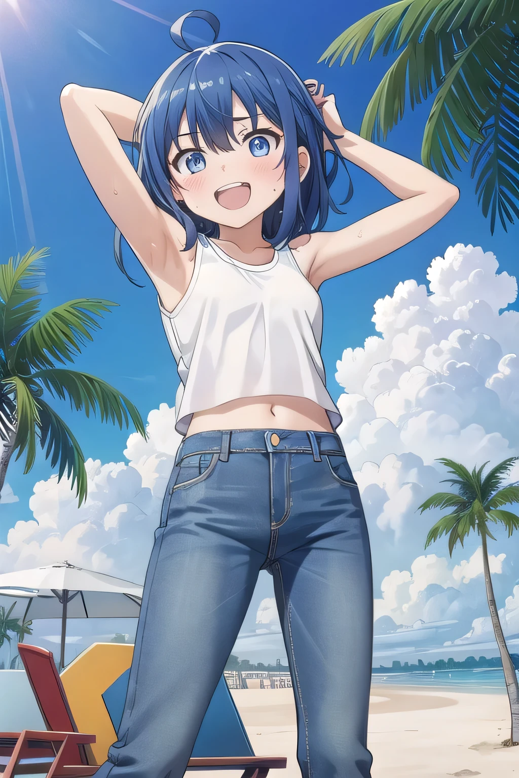 masterpiece,best quality,ultra detail, ((Perfect Face, Perfect Arms, Perfect hands, Perfect Fingers)), 1girl, , peti ((round face, ecstasy, orgasm face, drooping eyes, shame smiling, blush)), dropping eyes, sleepy, background((under the beach, (day:1.2), palm tree, bright sky)), Yanami anna, ahoge,medium hair,blue hair,sidelocks,blunt bangs,blue eyes, hair between eyes,parted bangs, blue eyes, arms behind head, contrapposto, spread armpits, looking at viewer,, (white tank top:1.2), (white crop top:1.2), (jeans pants:1.2, flares jeans:1.2, skinny jeans:1.2, blue jeans:1.2), standing, (legs spread:1.2), sex pose, Sweaty crotch, Steam from the crotch, from below, full medium body