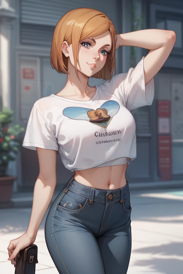masterpiece, Highest quality, 1 person,( View your viewers,),Detailed Background、A person who writes in detail、Accurate human body、Knowledgeable person、(Accurate 5 fingers),Mature Woman,Thighsが太い,curvy body、Thighs、alone,(middle breasts),In town