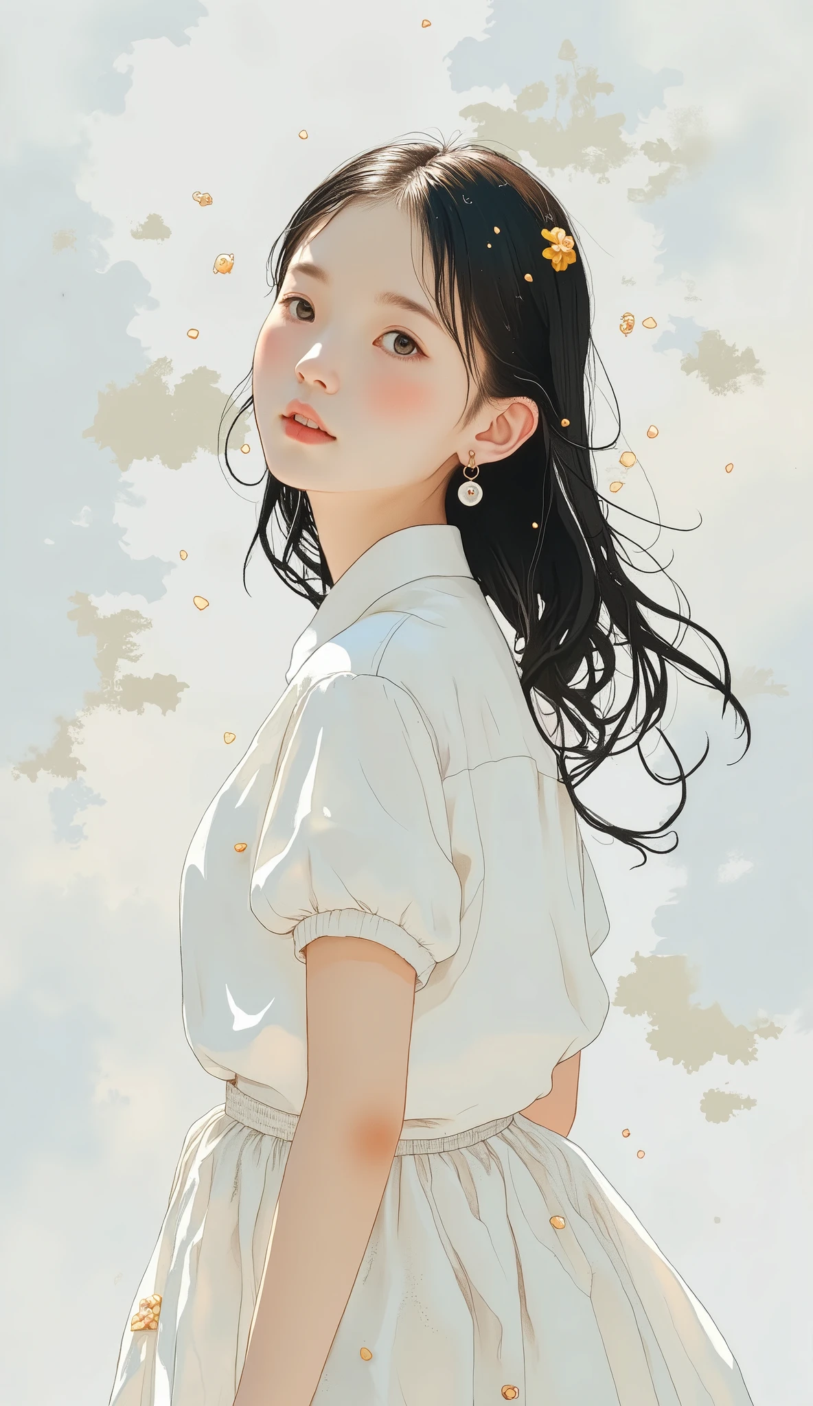 (((Simple configuration)))、((( Background is a white wall:1.2)))、  one girl、 very detailed face 、 cute face、  wears a perfect figure over a white blouse 、絵のように beautiful、sketch、  very delicate  、Cloud-like wall、、  floral、Graceful depiction 、Abstract、Overall bright color、Gentle colors、  Taisho Romance、( masterpiece 、  top quality 、  top quality 、  Official Art、 beautiful,  beautiful:1.2)