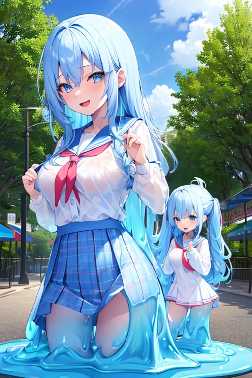 (slime girl), (slime skin), (white skin color), (transparent head:1.3), (transparent body:1.3), (transparent hair:1.3), (transparent face:1.3), (transparent:1.3), (masterpiece:1.2), best quality, high quality, absurdres, (hyper detailed), clear face, (detailed cute eyes:1.2), blue eyes, long hair, clear blue hair, hair between eyes, smile, open mouth, medium breasts, sharp lines, high clarity, looking at viewer, (detailed background, park:1.2), hightquality、two girls、kawaii hair style、Cute hair colors、Cute colored sailor suit、white sailor collar、Cute plaid pleated skirt、Cute colored school cardigan、at amusement park、 Dancing with a sly smile、panthyhose、pantie shot