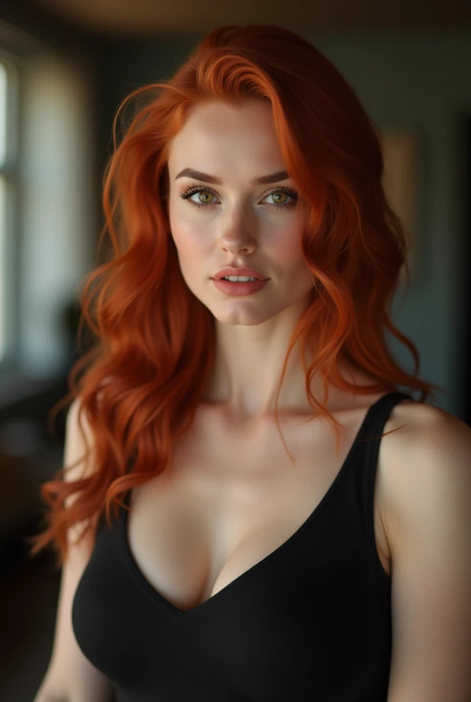 Beautiful redhead woman taking selfie in front of the mirror, lingerie sensual, ultra detailed image, picture in 8k, 4K, sharp lines, attractive colors, detailedeyes, face detailed, detailedeyes e sedutores, intriguing look, nsfw.