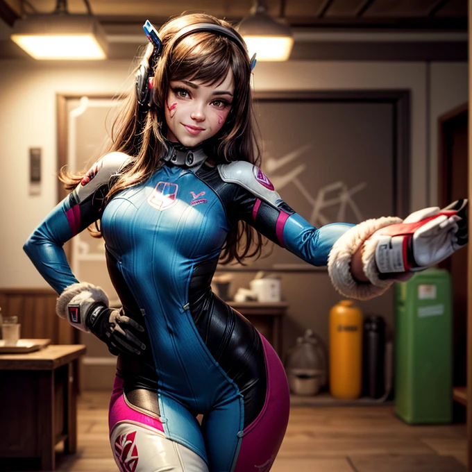 Obra maestra, La mejor caliDaD, High resolution, 1girl, ultrahigh resolution, solamente, Piloto Mecha, D.va, auriculares, ojos rosaDos, Gato hace ADornament, MeDias azules, brown hair, Guantes blancos, (ConDuctor: Pistola De luz), Mech Behind Puts D-Tentacles.va vaginal y , D.The suite De va is startedDa a part