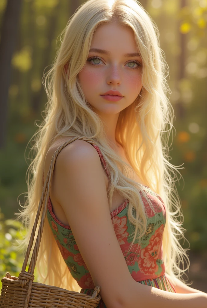 (top quality, 4K, masterpiece :1.3) a eighteen beautiful european woman, polar blond haired, pale skin, very pale green eyes, slanted eyes, very long hairs, light pink lips, holding a shopping basket, beautiful detailed eyes, cute earring, cute long colorful dress, cute shoes, happy look, romantic forest landscape, delicate face, shy pose, cute and warm lighting, warm angle, detailed background, beautiful detailed eyes, whole body, stand up, flowers hairstyle, wavy hair, small