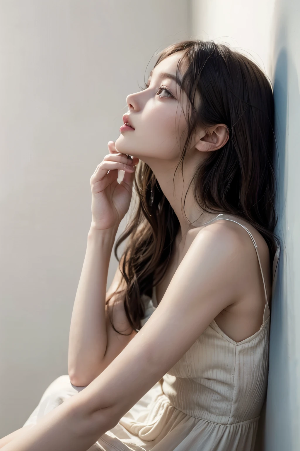 ((((best quality))))、(((Ultra-precision CG16K wallpaper)))、(((masterpiece)))、(((very detailed)))、(((super extreme detail)))、1people'girlature woman、24-year-old female、((japanese face))、((very beautiful face))、((My Shiraishi:1.5))、((semi long straight hair:1.3、blunt bangs))、(shiny brown hair)、beautiful and delicate eyes、brown eyes、raised an eyebrow、high nose、small nostrils、small mouth、seductive lips、beautiful breasts、((C cup size breasts))、split、plump body、(chubby body type)、perfect proportions、complete anatomy、perfect composition、Beautiful detail shading、beautiful natural light、Light with beautiful details、Depth of recorded boundary、(((high saturation)))、(((really:1.9)))、((vivid:1.5))、((edge:1.6))、((beautiful skin))、((skin texture))、((reallyな皮膚感))、(((cowboy shot、femur:1.5)))、((overhead view:1.8))、((Open mouth and surprised face:1.4))、(eyes looking at me:1.5)、day bedroom、bright sunshine、natural light、(((Lie down on your back in bed:1.6)))、(Supine posture:1.5)、(((open front shirt_white clothes、panties_white clothes:1.6)))、((earring、wearing a necklace:1.3))、