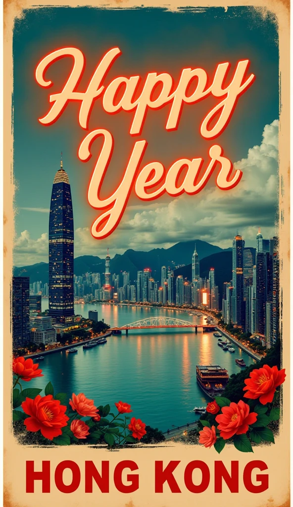 (new year poster:1.3), (vintage styly travel poster:1.5), hong kong victoria bay , ("Happy new year" neon sign:1.5), 