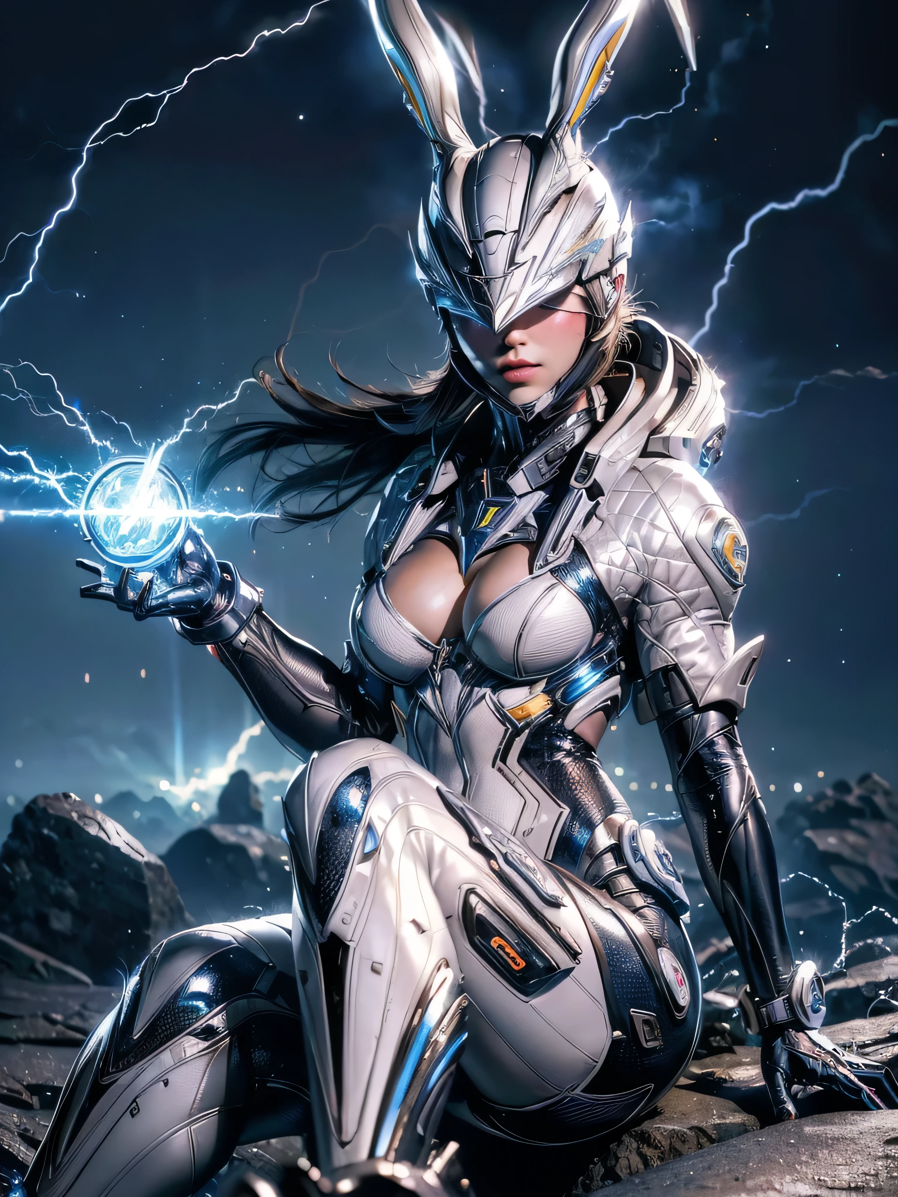 ((Masterpiece)), (high resolution:1.4),(bunny from the First Decendant) looking at viewer, (futuristic environment:1), beautiful face revealed, highly detailed skin, skin pores, (highly detailed face:1), (highly detailed eyes:1.1), realistic pupils, full face blush, full lips, (perfect anatomy:1.1), (perfect proportions:1.1), (photography:1.1), (photorealistic:1.1), volumetric lighting, dynamic lighting, real shadows, (highres:1.1), sharp focus, (realistic, hyperrealistic:1.4), intricate, high detail, dramatic, subsurface scattering, big depth of field, vivid, polished, sharpened, ((full Sharp)), (extremely absurdres),16k hdr, (sexy relaxing pose:1) (cleavage:1) (angled lighting:1) (slim legs:1) (electricity lightning flowing from body:1.3) (long white straight flowing hair:1), (closeup:1), leaning forwards, gold visor, silver metal helmet, makeup face:1, korean, (Electricity sparks in the background:1), (lightning:1), (electricity effects:1.2) (full body closeup:1) (sitting playfully:1)