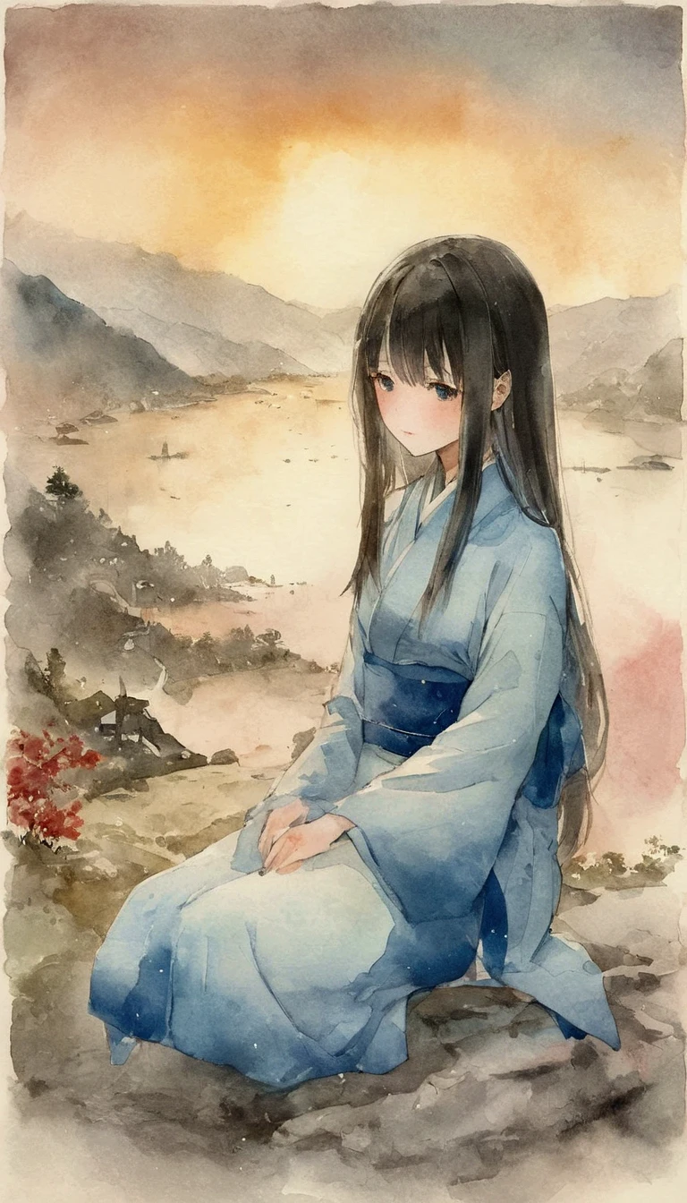   splatter background and spray paint effect , Hiroshige Utagawa, Tunic, Body on knees,   Multi Colored Hair  ,Teary-eyed , dusk, watercolor, watercolor, watercolor風, watercolorの詳細なアート, watercolor digital painting, watercolor paints, 非常に精巧なwatercolor, watercolor， Japanese women，1,  long hair, dark-haired、Based on blue、Blue petals fluttering down:0.2