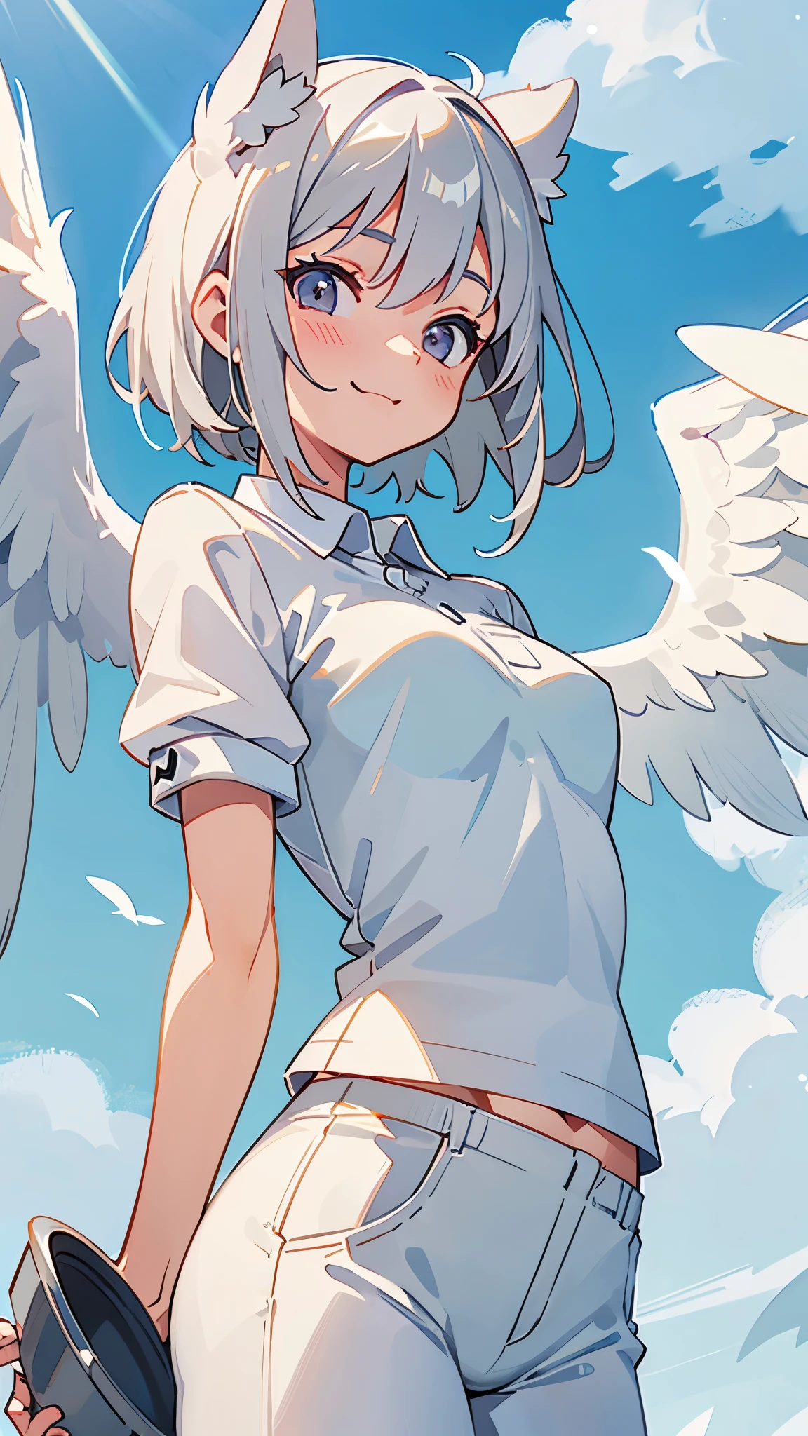masterpiece, highest quality, cute, ,
short hair, Bobcut, Silver Hair, blue eyes, shirt, Big Breasts, Hello, Put your arms behind your back, Angel Wings,
Wind, View Viewer, Lens flare,