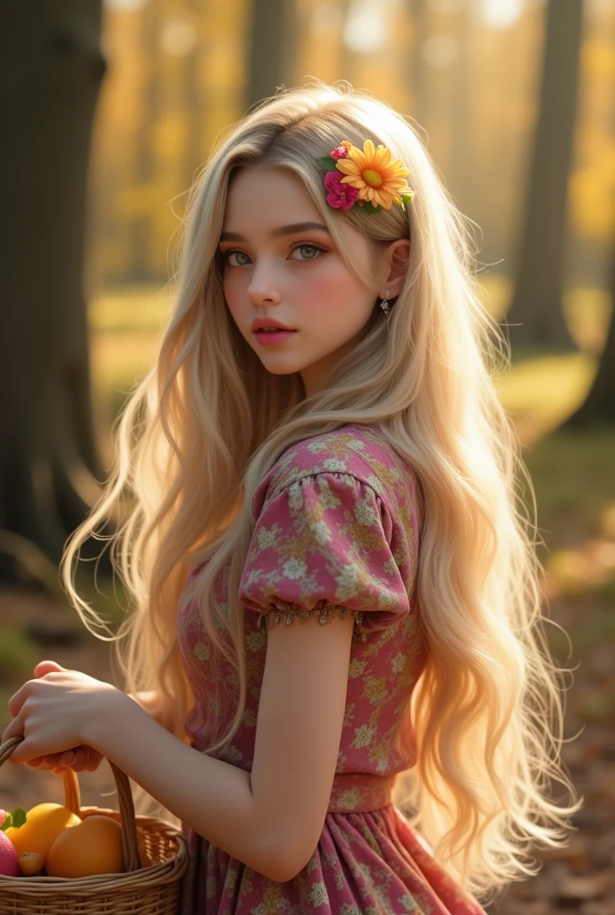 (top quality, 4K, masterpiece :1.3) a eighteen beautiful european woman, polar blond haired, pale skin, very pale green eyes, slanted eyes, very long hairs, light pink lips, holding a shopping basket, beautiful detailed eyes, cute earring, cute long colorful dress, cute shoes, happy look, romantic forest landscape, delicate face, shy pose, cute and warm lighting, warm angle, detailed background, beautiful detailed eyes, whole body, stand up, flowers hairstyle, wavy hair, small