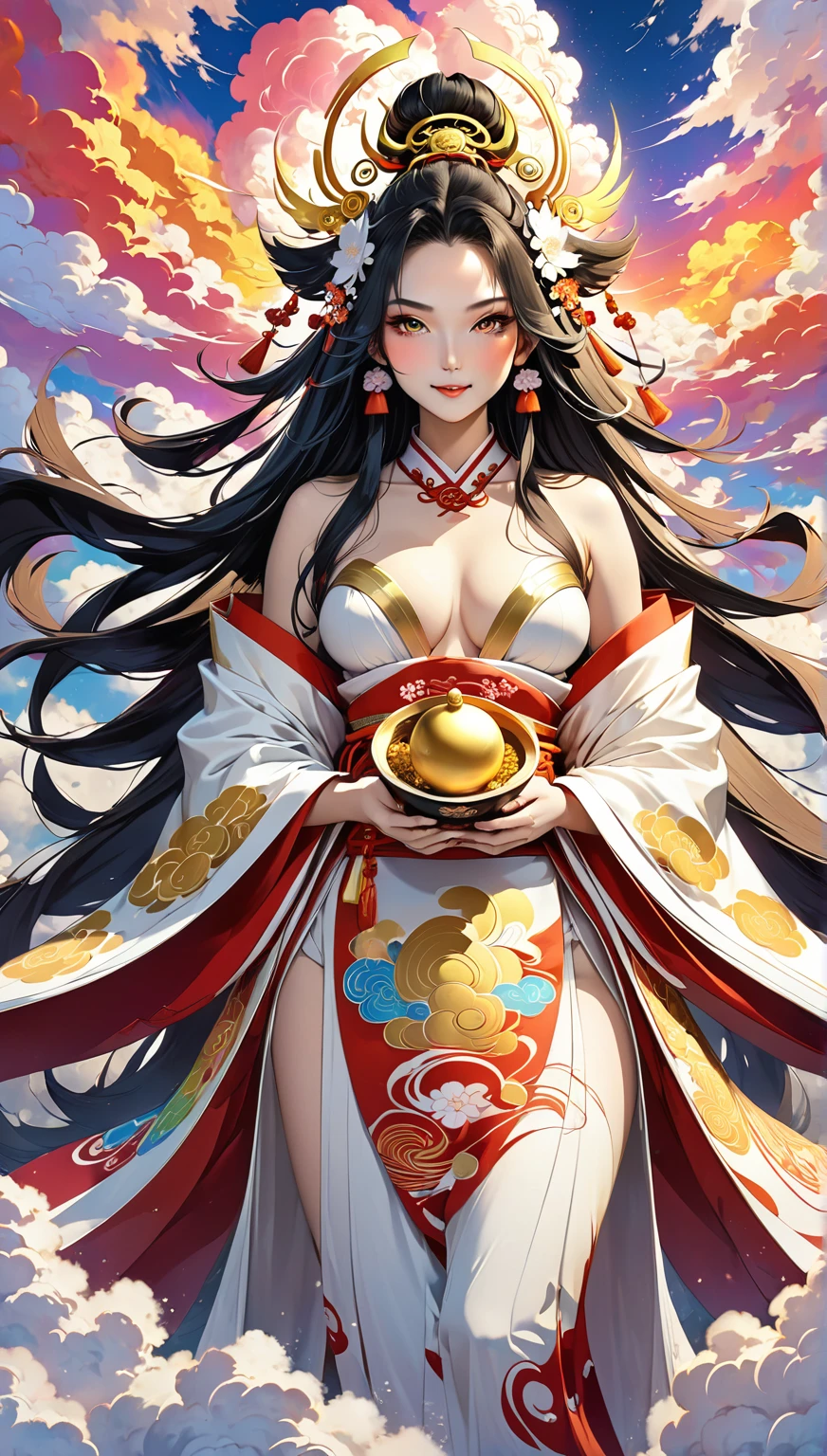 Amaterasu, goddess of the sun, incarnation of the sun, supreme god of Japan, ruler of Takamagahara and the deification of the sun. The ancestor of the Japanese emperor, the supreme god of Shinto in Japan, ((normal breasts)), (human wife), indifference, extreme majesty, golden eyes, coated with gold dust, sitting cross-legged, shaping a glorious atmosphere, fair skin, long black hair, mother, gold clothing, clogs, perfect legs, ancient Japanese clothing, gorgeous gold belt, (lots of luxurious Japanese accessories), perfect flesh full of texture, , scorching rendering effect, jaw-dropping, captivating visual enjoyment, ((best quality), ((masterpiece) ), maximum definition, multi-layered texture, super detailed, illustration, (super detailed face), (perfect face), clear texture, fine texture, ultra-HD detail display, excellent image performance, high-quality illustration, perfectly fitting and harmonious tones, deep lines, precise brush strokes, with a strong sense of three-dimensionality and delicate wear, wonderful color matching, intricate details
