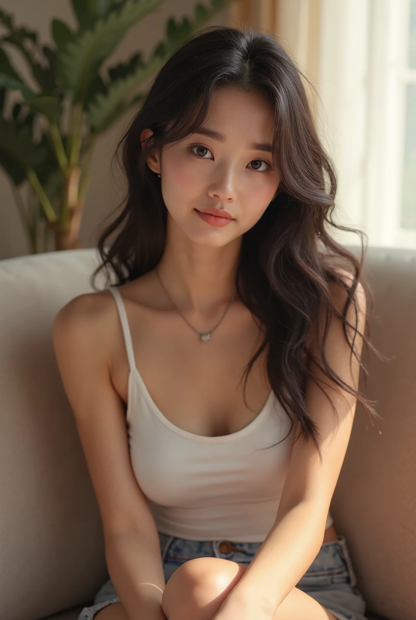 Araffe asian woman sitting on a couch in a white tank top - SeaArt AI
