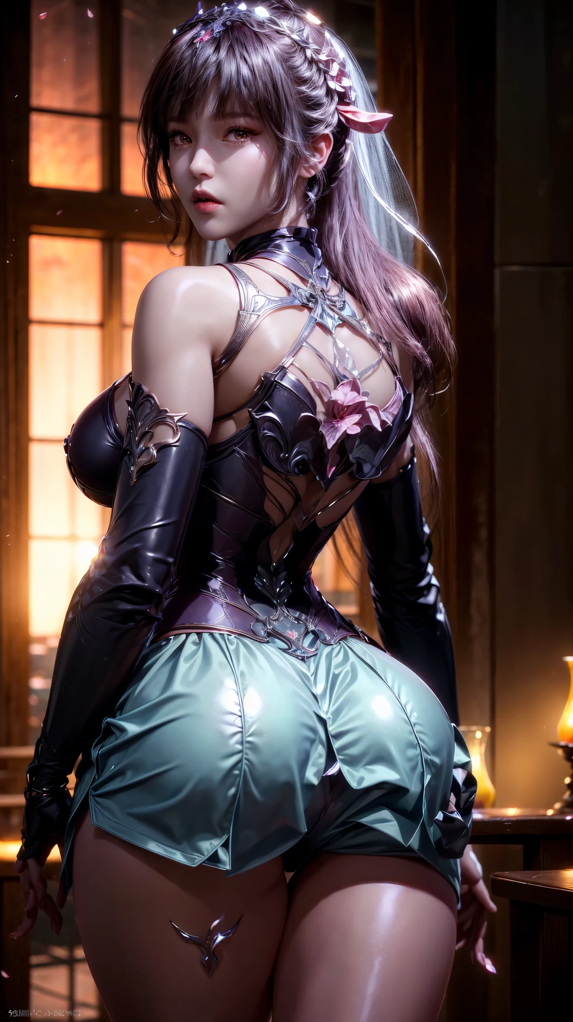 ((masterpiece, best-quality, ultra_detailed)), DLDLxiaowu, AgainXiaowu, brunette hair, brunette hair, breasts, open eyes, split sleeves, skinny, transparent, pink, dress, transparent panties, pink, twisted braid, long braid, jewelry, gold accessories, gorgeous accessories, complex, delicate lips, long hair, medium breasts, outdoor, closed lips, petals, peach blossoms, rabbit ears, pink rabbit ears, dressed in latex booty shorts, gorgeous, attractive, african, voluptuous, ample hips, insanelydetailedaccentuatedbigbooty, ((flirty)), looking back at viewer, portrait, photography, detailed skin, Realistic, photorealistic, 8k, highly detailed, full-length frame, HIGH RAW detail color art, piercing, diffused soft lighting, shallow depth of field, sharp focus, shallow depth of field, hyperrealism, cinematic lighting
