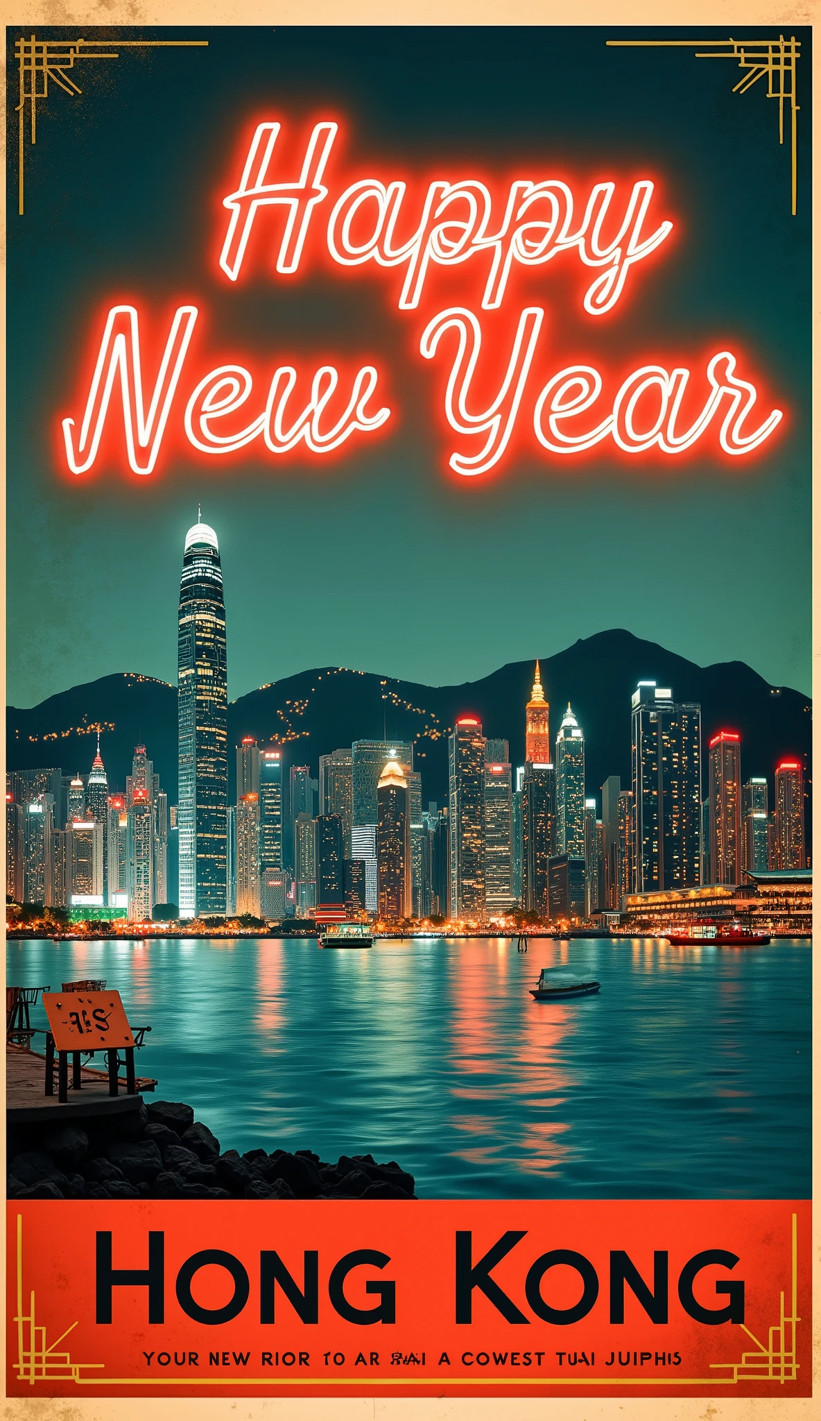 (new year poster:1.3), (vintage styly travel poster:1.5), hong kong victoria bay , ("Happy new year" neon sign:1.5), 