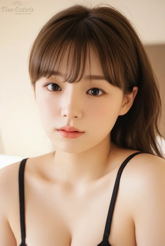 (8k、  Uncut Pictures  、top-quality、​masterpiece:1.2)、(Realistic、 photorealistic where hair fits on screen:1.37)、 ultra-detailed、 ultra high resolution、***One person、 very familiar 、  beautiful and elaborate face 、smile、narrow、( Slim Waist ) :1.3)、Beautiful detailed skin、 skin texture、Floating Hair、 professional lighting、 Human body、I'm wearing a silk slip nightdress、 bang hairstyle 、E Cup、幸せなsmile、21 years old、 Japanese、 on the bed、between breasts:1.3、