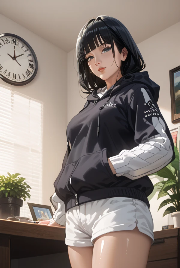 score_9, score_8_up, score_7_up, source_anime,masterpiece, best quality, very aesthetic, absurdres,cinematic lighting,1girl, mature female,milf,shiny skin,hinapony, black hair, byakugan eyes,hooded jacket, layered sleeves,shorts,bedroom background, wall clock, study table, potted plants, complex background,perfect anatomy,from below,