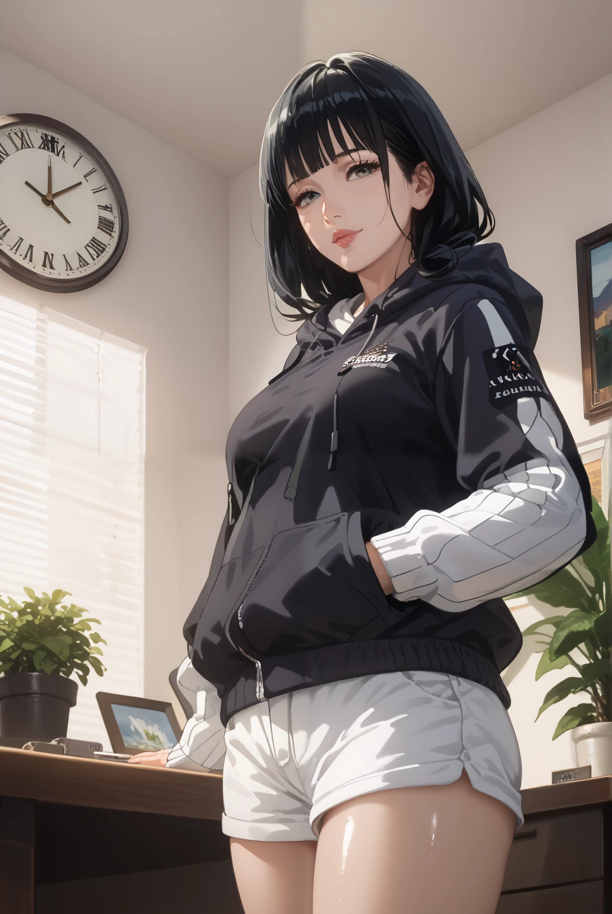 score_9, score_8_up, score_7_up, source_anime,masterpiece, best quality, very aesthetic, absurdres,cinematic lighting,1girl, mature female,milf,shiny skin,hinapony, black hair, byakugan eyes,hooded jacket, layered sleeves,shorts,bedroom background, wall clock, study table, potted plants, complex background,perfect anatomy,from below,