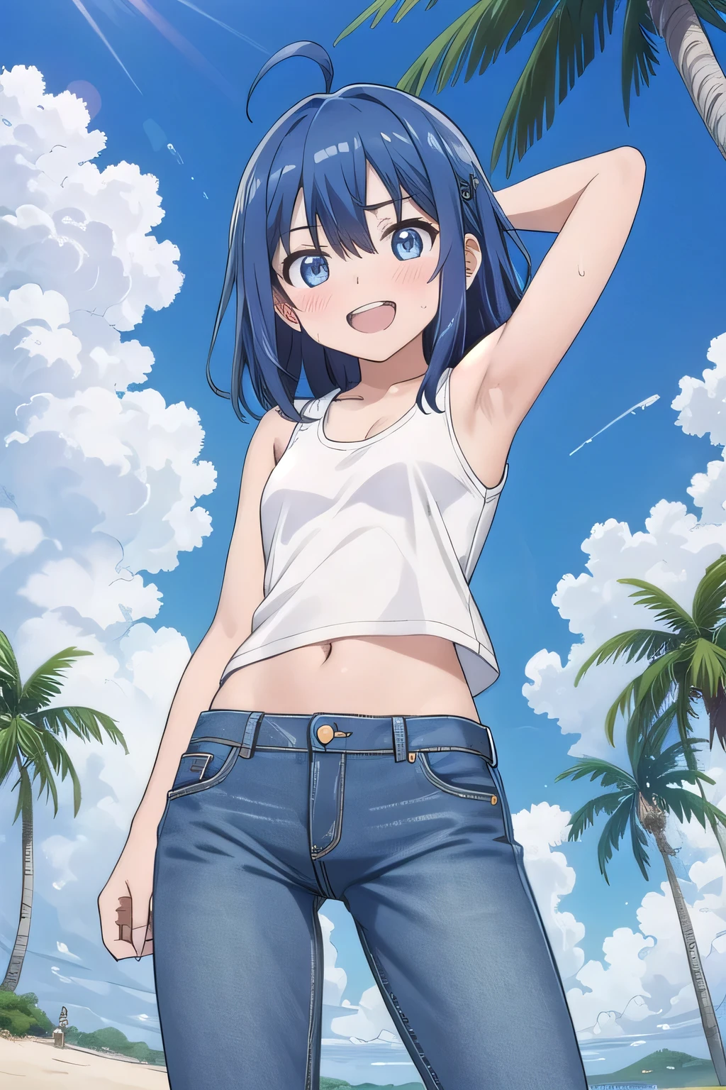 masterpiece,best quality,ultra detail, ((Perfect Face, Perfect Arms, Perfect hands, Perfect Fingers)), 1girl, , peti ((round face, ecstasy, orgasm face, drooping eyes, shame smiling, blush)), dropping eyes, sleepy, background((under the beach, (day:1.2), palm tree, bright sky)), Yanami anna, ahoge,medium hair,blue hair,sidelocks,blunt bangs,blue eyes, hair between eyes,parted bangs, blue eyes, arms behind head, contrapposto, spread armpits, looking at viewer,, (white tank top:1.2), (white crop top:1.2), (jeans pants:1.2, flares jeans:1.2, skinny jeans:1.2, blue jeans:1.2), standing, (legs spread:1.2), sex pose, Sweaty crotch, Steam from the crotch, from below, full medium body