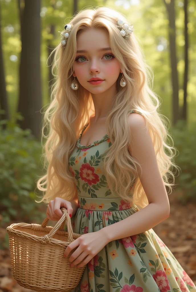 (top quality, 4K, masterpiece :1.3) a eighteen beautiful european woman, polar blond haired, pale skin, very pale green eyes, slanted eyes, very long hairs, light pink lips, holding a shopping basket, beautiful detailed eyes, cute earring, cute long colorful dress, cute shoes, happy look, romantic forest landscape, delicate face, shy pose, cute and warm lighting, warm angle, detailed background, beautiful detailed eyes, whole body, stand up, flowers hairstyle, wavy hair, small, timid smile