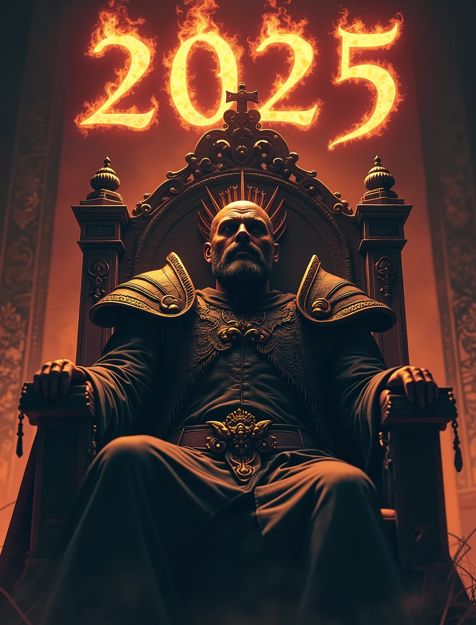 (Above the dark king's head, "In the year 2025, the time is full!" is written. The words are written in a Diablo-style flame font. Ultra-detailed face, Looking away, Fantasy Illustration with Gothic. Dark tone colors. A viewpoint from the ground looking up at the throne and the king.)