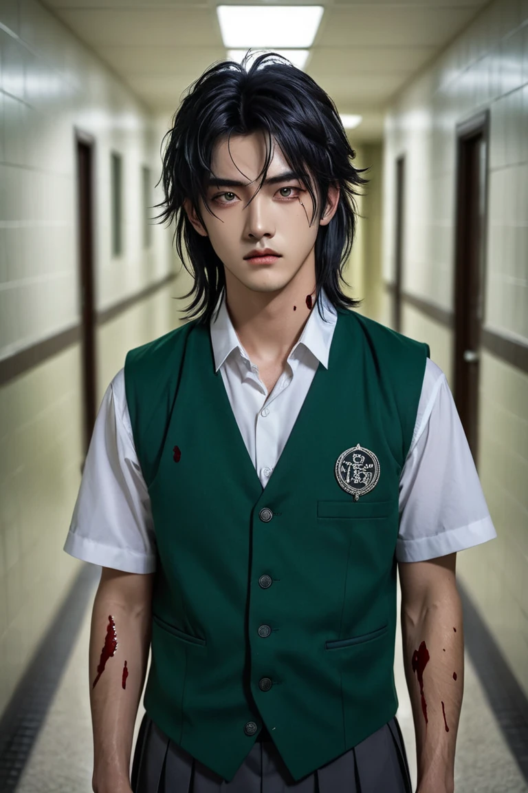 Create a man with black messy hair that is styled into a mullet. He has blue sleepy eyes. He is wearing a standard korean male school uniform with a green vest. He has a lean body. He is holding a metal bad with blood stains. He stands in a very very dark school hallway