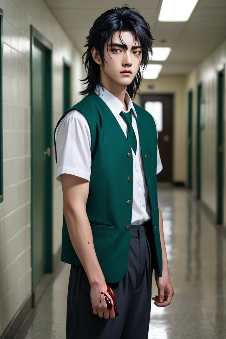 Create a man with black messy hair that is styled into a mullet. He has blue sleepy eyes. He is wearing a standard korean male school uniform with a green vest. He has a lean body. He is holding a metal bad with blood stains. He stands in a very very dark school hallway