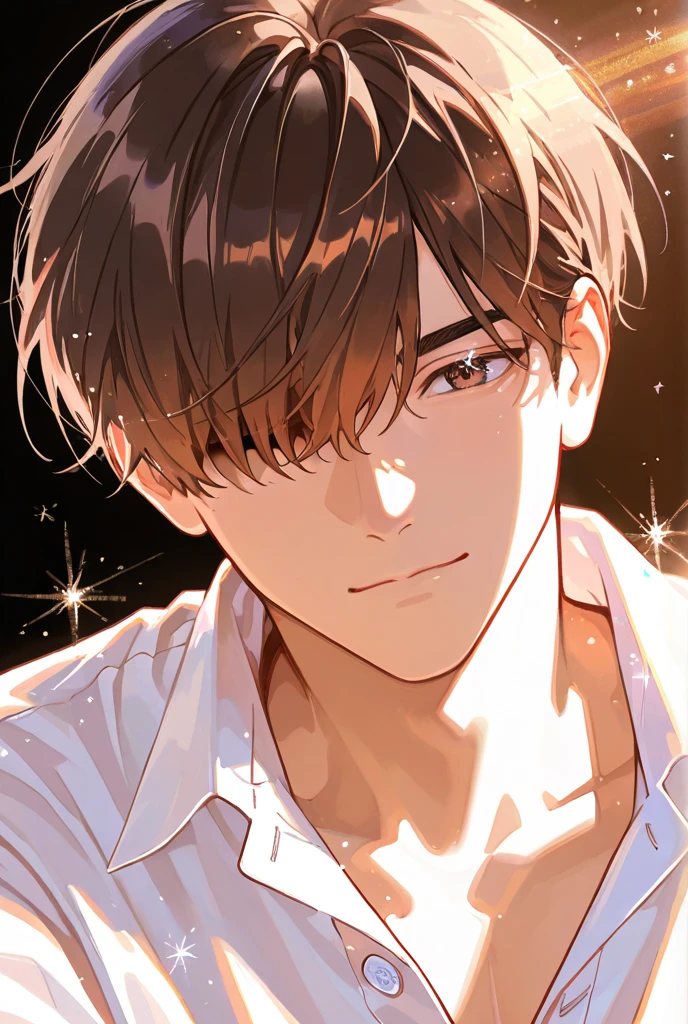  1 man,handsome man,Delicate line drawing,white buttoned shirt, brown hair,  shortcuts,  hair hiding one eye ,  Background Blur,  glitter effect, 