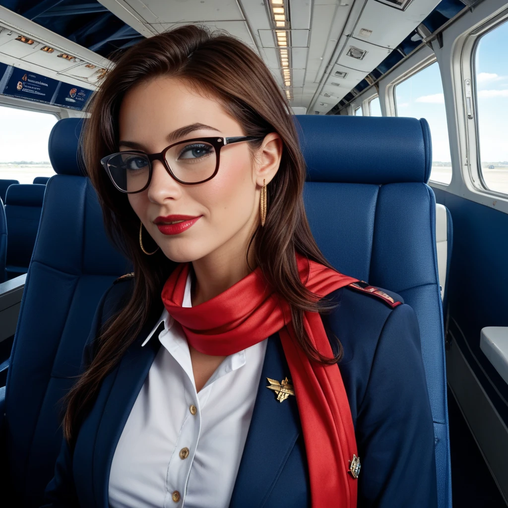 Professional, High level of detail, close up photo (attractive 35yo woman:1.3),long hair,( steward dress, red robe, red long skirt, elegant)1.455,ray tracing, natural lighting, (seductive:1.1), (blushing:1.1 ), (classy, elegant, dandy)1.2, (round big breasts)1.2 (pokies)1.3, (toned body, hourglass body shape) (wipe hips), (full body with visible face and eyes)1.5, glasses, earnings, plane, sit down bussiness class, crossed leg, shy smile, pink lips