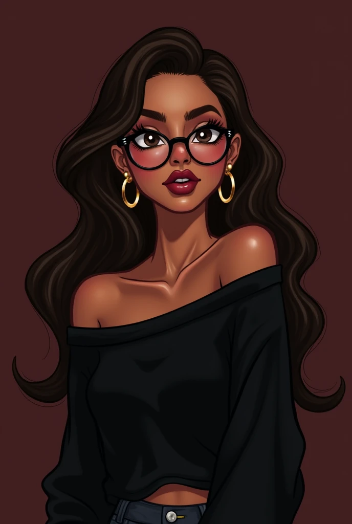half realistic - half animated looking, close up shot, close up, woman, oval thin glasses, oval glasses, thin glasses, black rimmed glasses, colored skin, brown skin, smooth skin, dark brown eyes, doe eyes, sultry eyes, long hair, wavy hair, volume hair, long eyelashes, dark brown hair, full lips, gold hoop earrings, sultry look, wearing black over shoulder sweater top, baggy top, comfy clothing, dark clothing, long nails, burgundy nails, wearing baggy jeans, dark burgundy background, dark background, library background,
