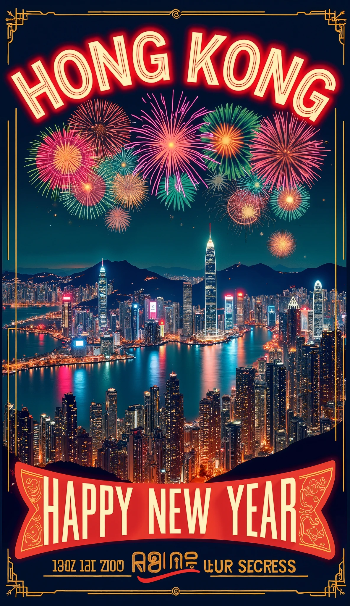 (new year poster:1.3), (vintage style travel poster:1.5), hong kong victoria bay, fireworks in night sky , ("Happy new year" neon sign:1.5), 