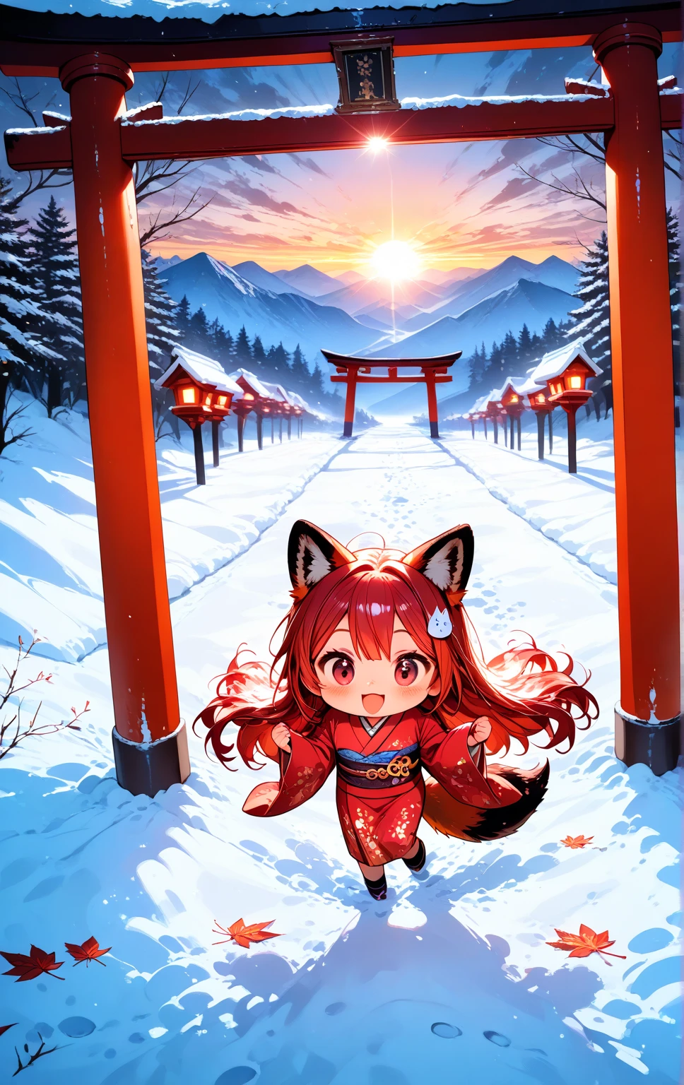 solo, 1girl\((chibi:1.3),small,cute,kawaii, (red fox ear),(red fox tail),red hair, (run around on snow), cute,happy, smile,open mouth, beautiful red kimono, action pose, looking away,cute eye,big eye, cat-eye\), snowy Winter ,huge red gate torii,many red leaf, landscape, dramatic scene ,sunrise,(from above)