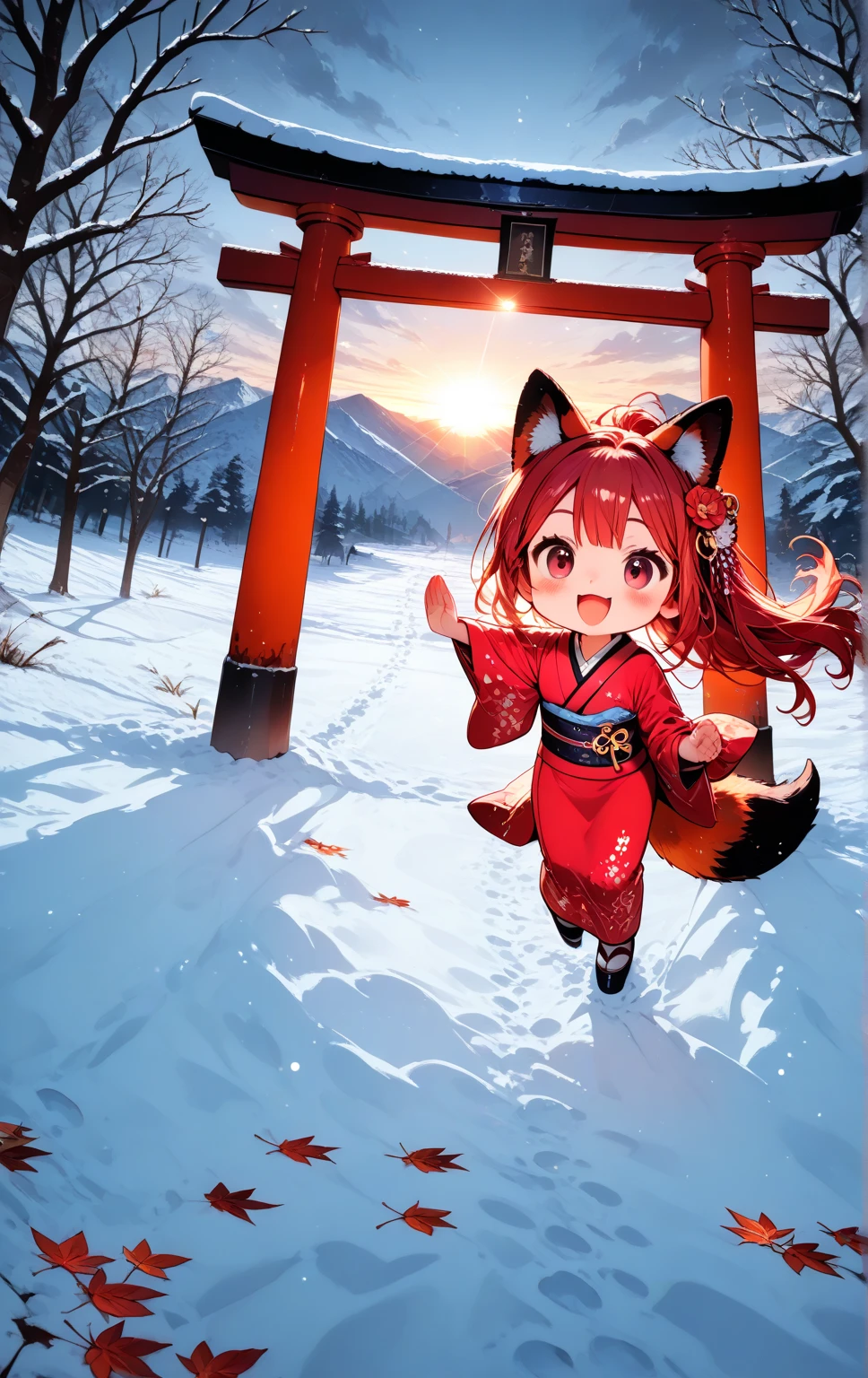 solo, 1girl\((chibi:1.3),small,cute,kawaii, (red fox ear),(red fox tail),red hair, (run around on snow), cute,happy, smile,open mouth, beautiful red kimono, action pose, looking away,cute eye,big eye, cat-eye\), snowy Winter ,huge red gate torii,many red leaf, landscape, dramatic scene ,sunrise,(from above)