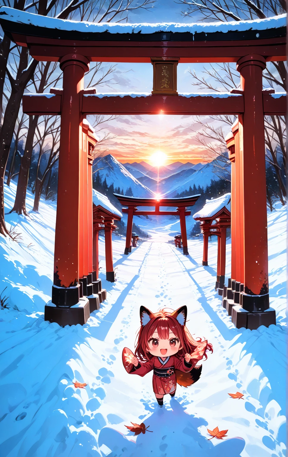 solo, 1girl\((chibi:1.3),small,cute,kawaii, (red fox ear),(red fox tail),red hair, (run around on snow), cute,happy, smile,open mouth, beautiful red kimono, action pose, looking away,cute eye,big eye, cat-eye\), snowy Winter ,huge red gate torii,many red leaf, landscape, dramatic scene ,sunrise,(from above)