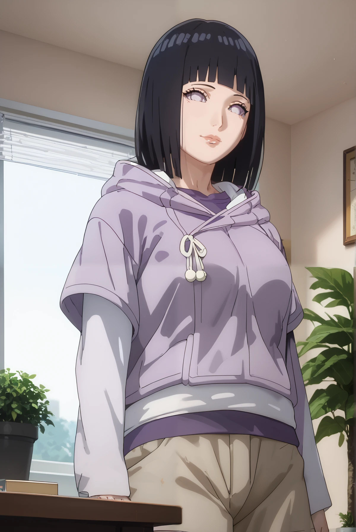 score_9, score_8_up, score_7_up, source_anime,masterpiece, best quality, very aesthetic, absurdres,cinematic lighting,1girl, mature female,milf,shiny skin,hinapony, black hair, byakugan eyes,hooded jacket, layered sleeves,shorts,bedroom background, wall clock, study table, potted plants, complex background,perfect anatomy,from below,