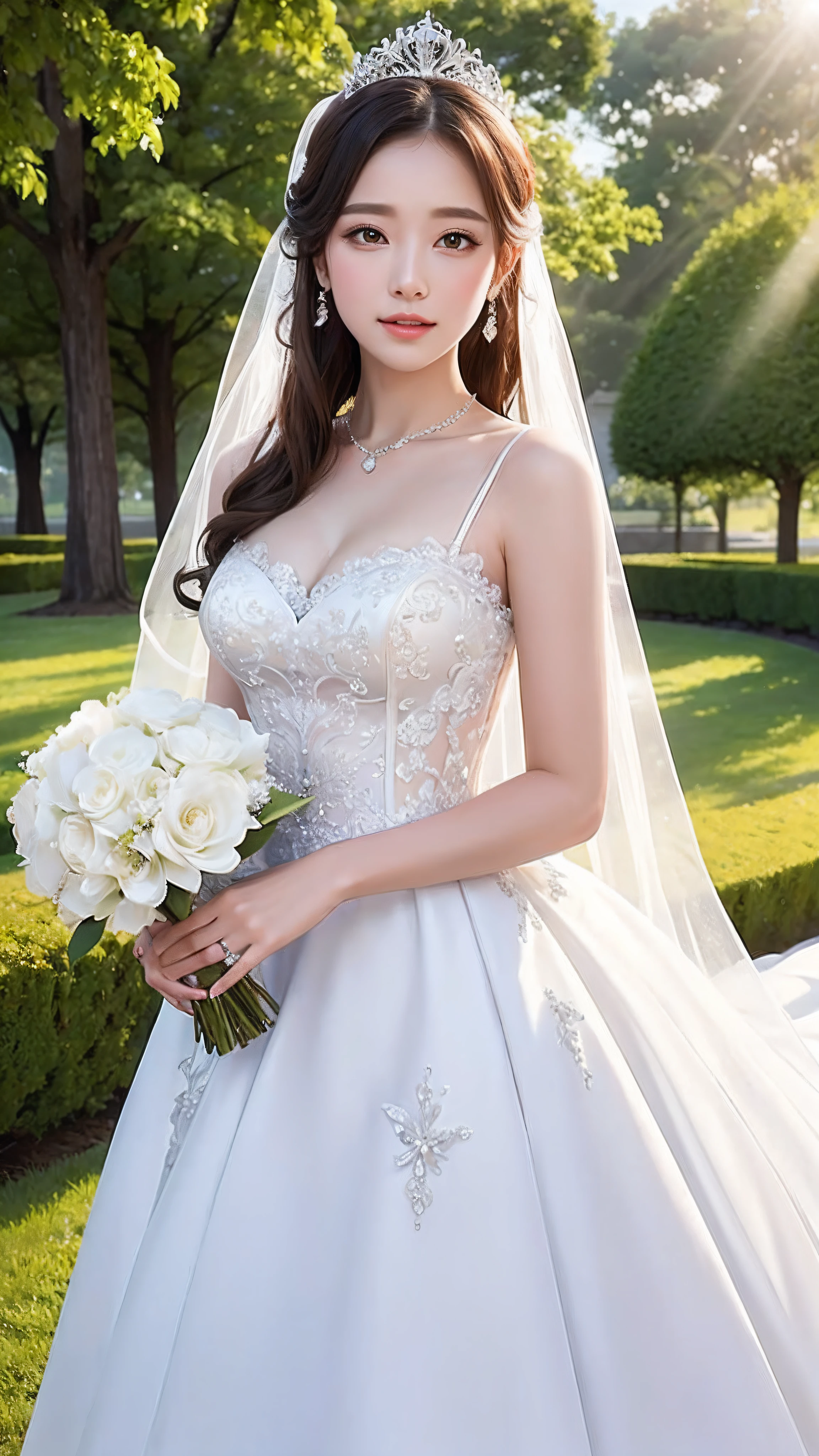 (Best quality, masutepiece:1.2), (Realistic:1.3), (Ultra detailed backgrounds, Detailed background), Bokeh,Shooting from the side,  ((Medium breasts)), (Princess line wedding dress:1.3), Bridal tiara, Bridal veil, bridalgauntlets,, Beautiful wedding venue by the sea, Teenage, Cute,Smiling,