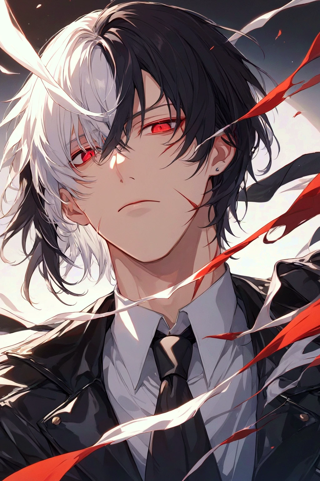 Red eyes,White hair,Red bristles,male in his 20s, With short hair, A tall man, beautiful male,white hair, he has dark grey hairs,soio,Fox Face