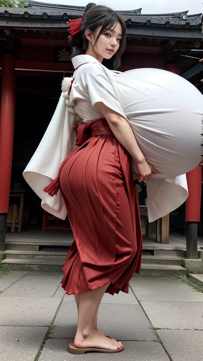  high definition ,  anatomically correct , accurate, highest quality,  Details ,  High Definition Model , High details , quality, high quality,  very detailed ,  Ultra High Definition,  textured skin,  Japanese beautiful girl,Full body photo, idol face,Beautiful face,Whitening,(((enormous huge breasts:1.2))), (((white kimono:1.2))),((long legs)),((Tall)),smile,(((enormous huge breasts:1.2))), short hair, short hair,(((Red Hakama:1.2))),((huge ass)),(shrine)、(Japanese clothing)、