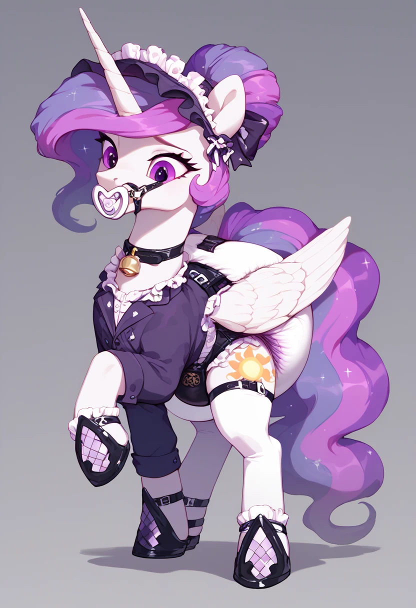 alicorn pony alone , adult mare, Princess Celestia,  on top of them, most of the mane is wrapped in a dark light bonnet with white trim on the edges , there is a small pigtail on the back with two bows ,  purple eyes , stands on four hooves ,  wide open back hooves ,  dressed in ornate official black and white with the addition of dark pink with the addition of golden places of white,  black and purple to the onency maid with ruffles and ruffles and a short skirt ,  on the neck there is a steel collar with a purple tint and a bell ,  white stockings and black booties over hoof socks ,  big white pacifier mouth gag with straps , thick diaper under clothes, on top of the diaper, a black chastity belt , solo,  simple background.