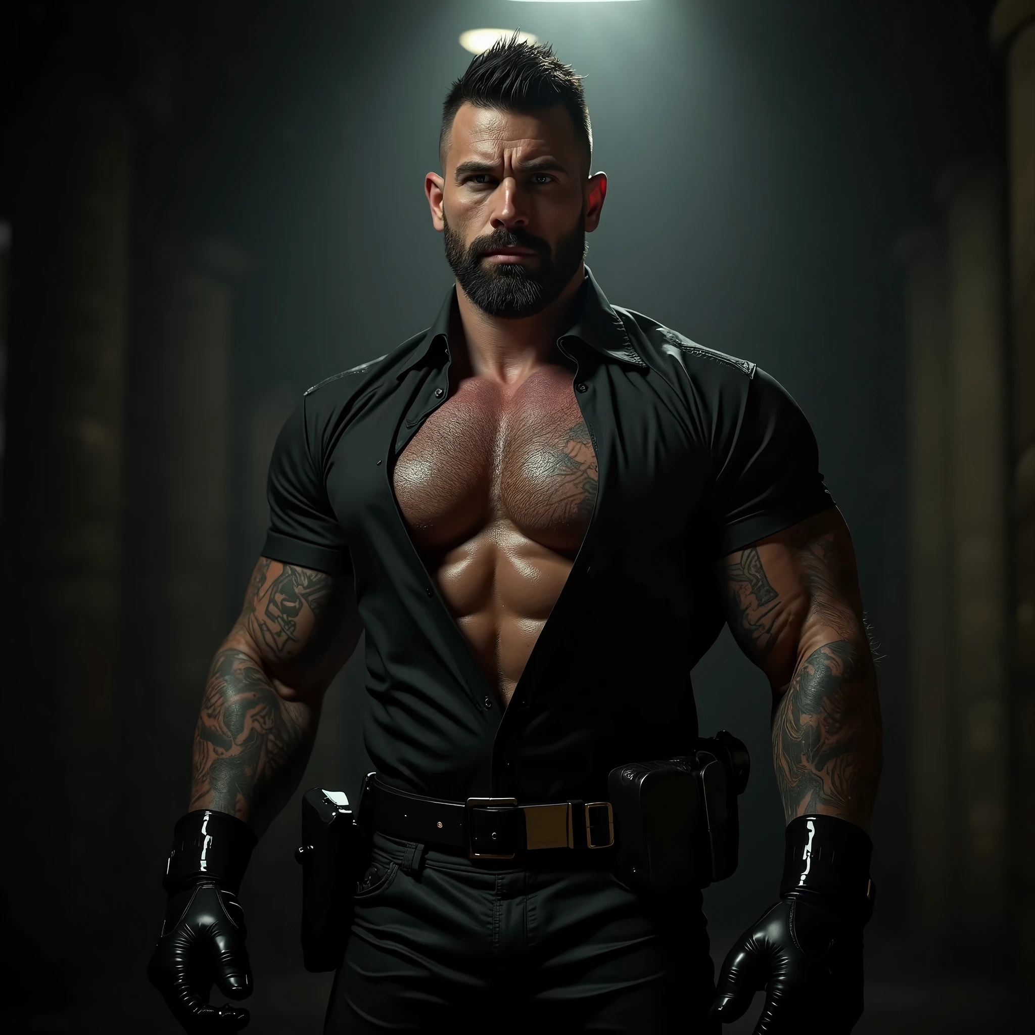 (masterpiece, intricately detailed, highest resolution, best quality:1.2),a cocky Assyrian chav male model,a 25 y.o muscle stud with a muscular physique sitting on a chair with black eyes,dark-skinned male, huge beard, mutton- chops, wearing ((custom chest harness made with lithium and kevlar, pingentt, snout, bracelets, necklace, jewelry)), monsteralpha, flaccid penis,saggy balls,hairy chest,vascular,muscle striations,soft light,fantastic realism,