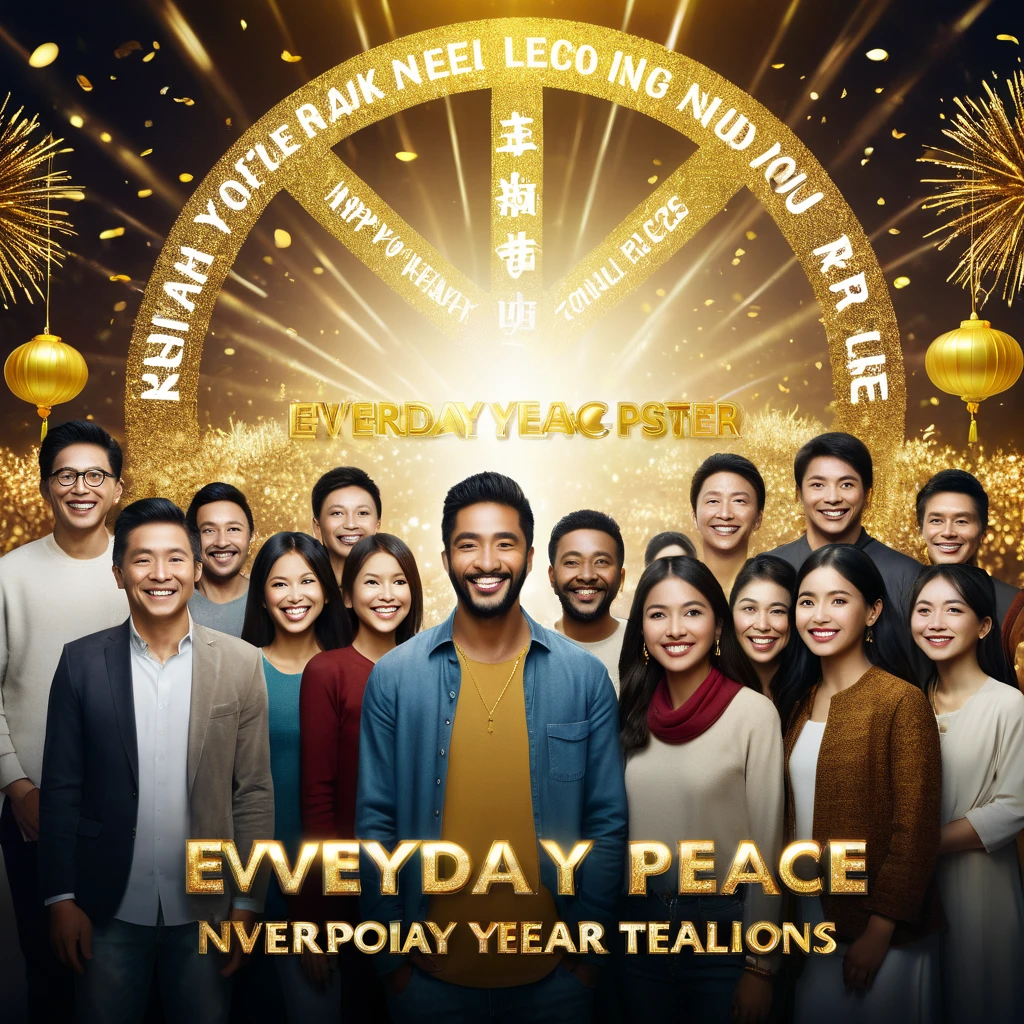 Realistic, work of art, live-action photo 8K quality, theme is "New Year Poster", text gold letters "Happy New Year 2025 Wishing for World Peace", ordinary people looking towards you with smiles, people of different races, religions and professions lined up, with heartfelt wishes.