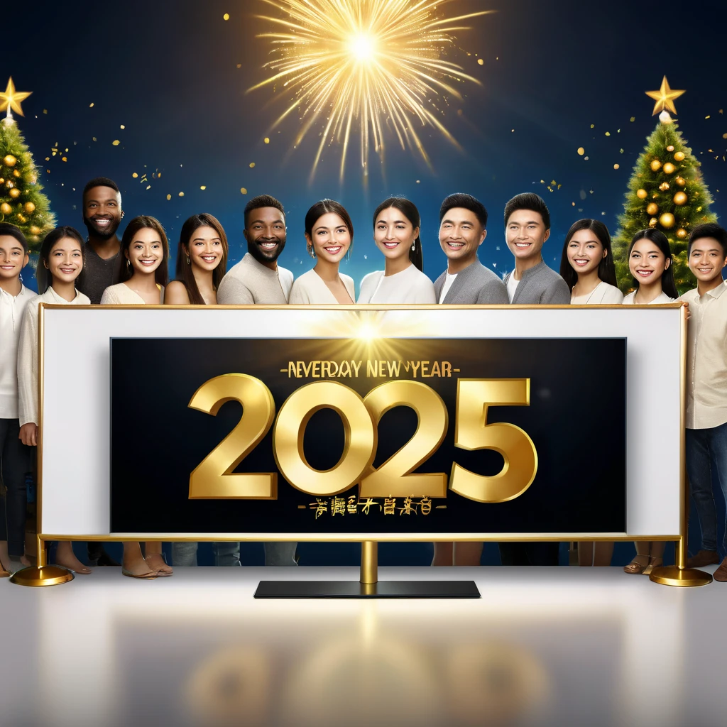 Realistic, work of art, live-action photo 8K quality, theme is "New Year Poster", text gold letters "Happy New Year 2025 Wishing for World Peace", ordinary people looking towards you with smiles, people of different races, religions and professions lined up, with heartfelt wishes.