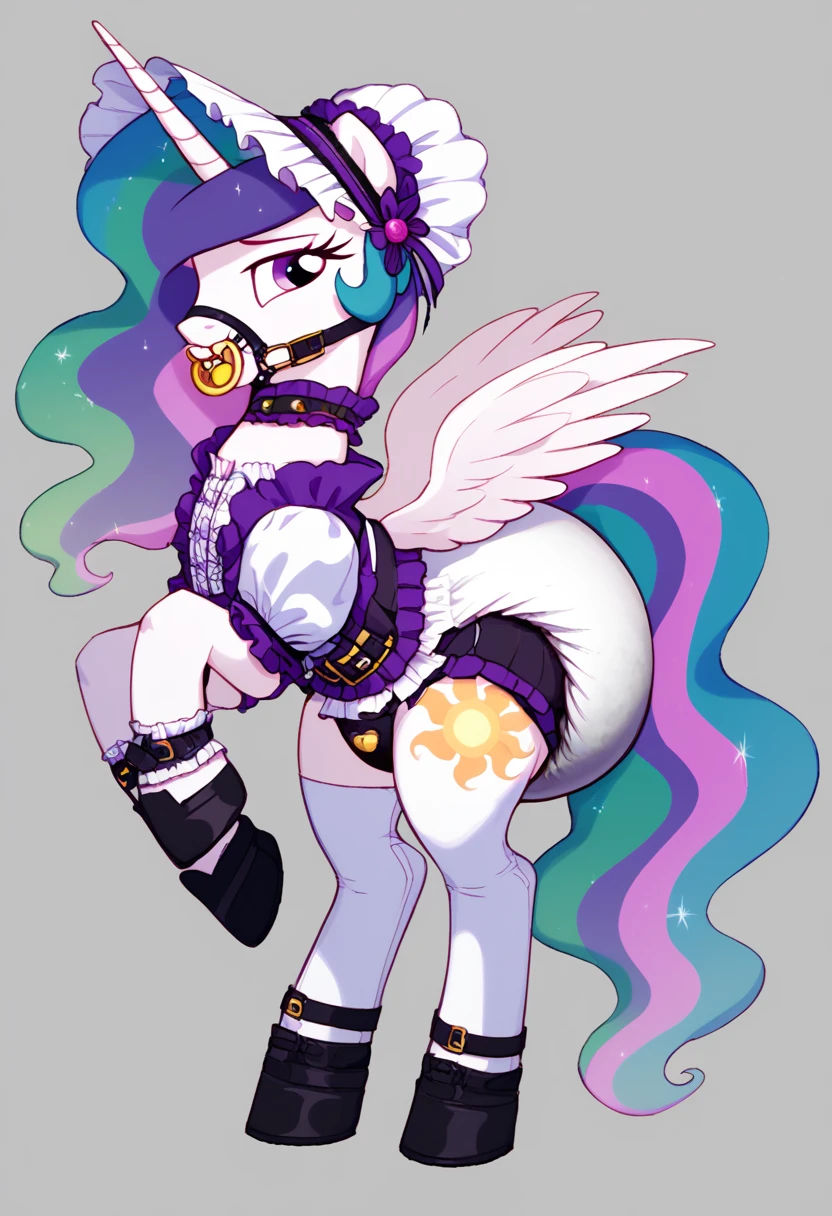 alicorn pony alone , adult mare, Princess Celestia,  on top of them, most of the mane is wrapped in a dark light bonnet with white trim on the edges , there is a small pigtail on the back with two bows ,  purple eyes , swings up in the bouncer,  wide open back hooves ,  dressed in ornate official black and white with the addition of dark pink with the addition of golden places of white,  black and purple to the onency maid with ruffles and ruffles and a short skirt ,  on the neck there is a steel collar with a purple tint and a bell ,  white stockings and black booties over hoof socks ,  big white pacifier mouth gag with straps , thick diaper under clothes, on top of the diaper, a black chastity belt , solo,  simple background.
